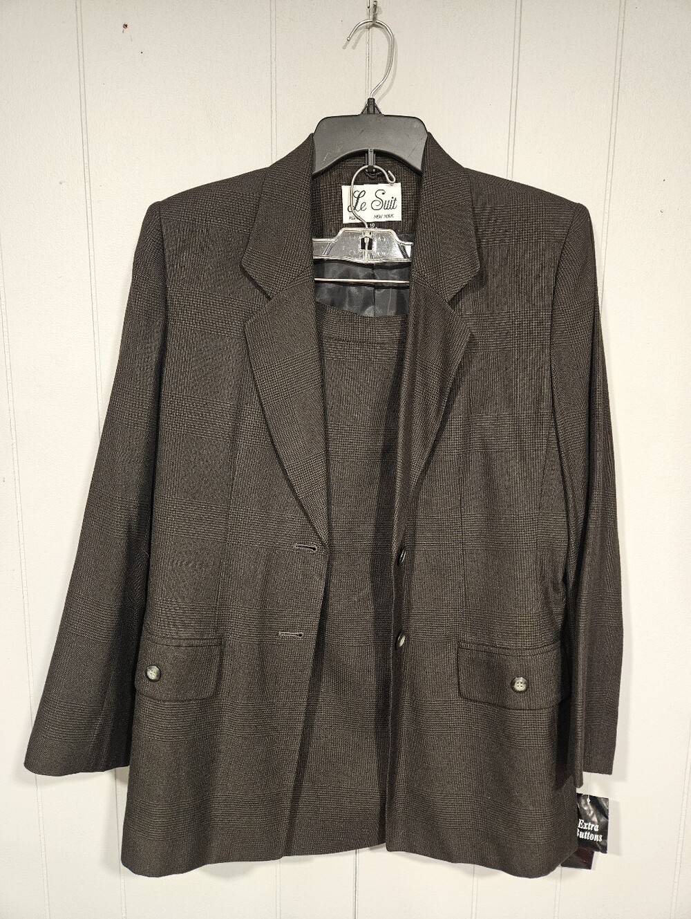 Le Suit 2 Piece Skirt Suit Blazer Set Size 10 Rayon Brown Houndstooth Plaid NWT